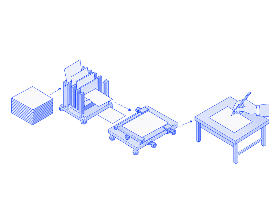 Dokumente durchlaufen einen Filter und eine Entwurfsstation; eine separate Station prüft das Ergebnis.