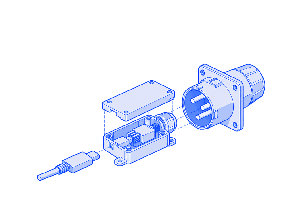 Kleiner und großer Anschluss mit einem geöffneten Adapter dazwischen.