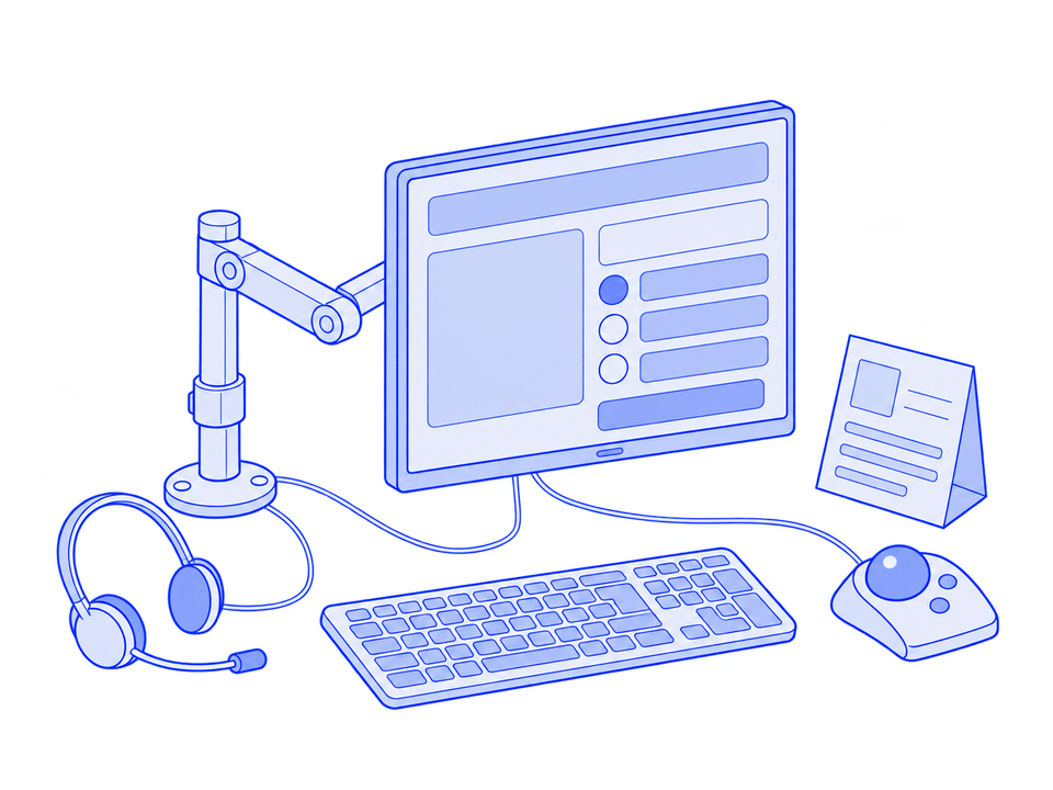 Bildschirmarbeitsplatz mit einstellbarem Monitor, Tastatur, Trackball, Kopfhörern und Arbeitskarte.